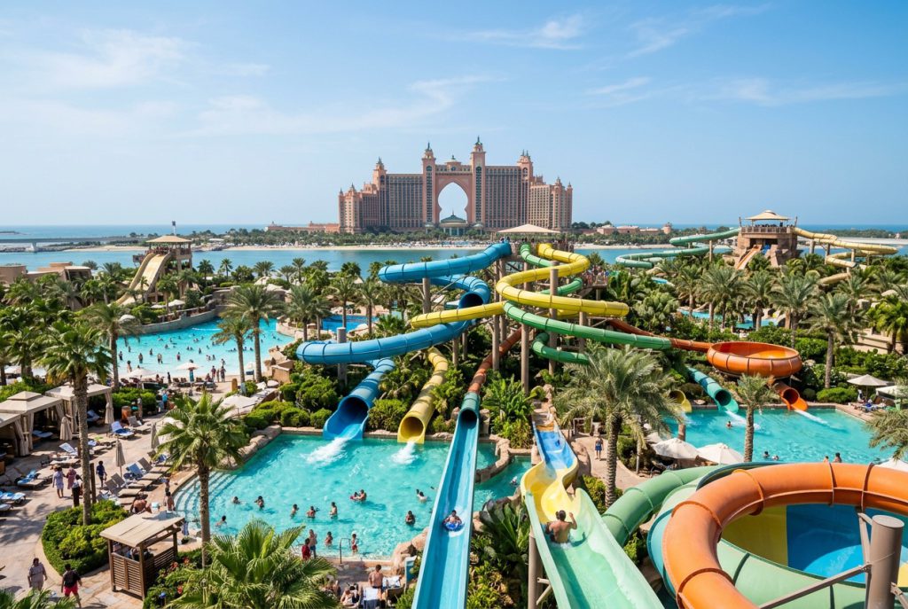 Waterslides and pools at Aquaventure Waterpark, Atlantis The Palm