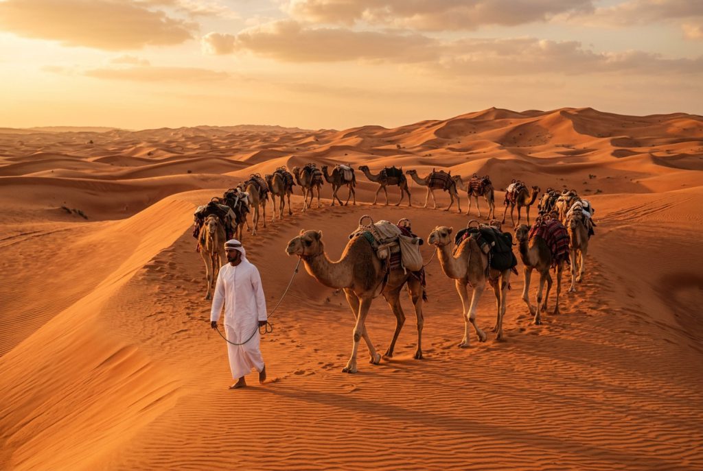Camel caravan crossing red dunes at golden hour