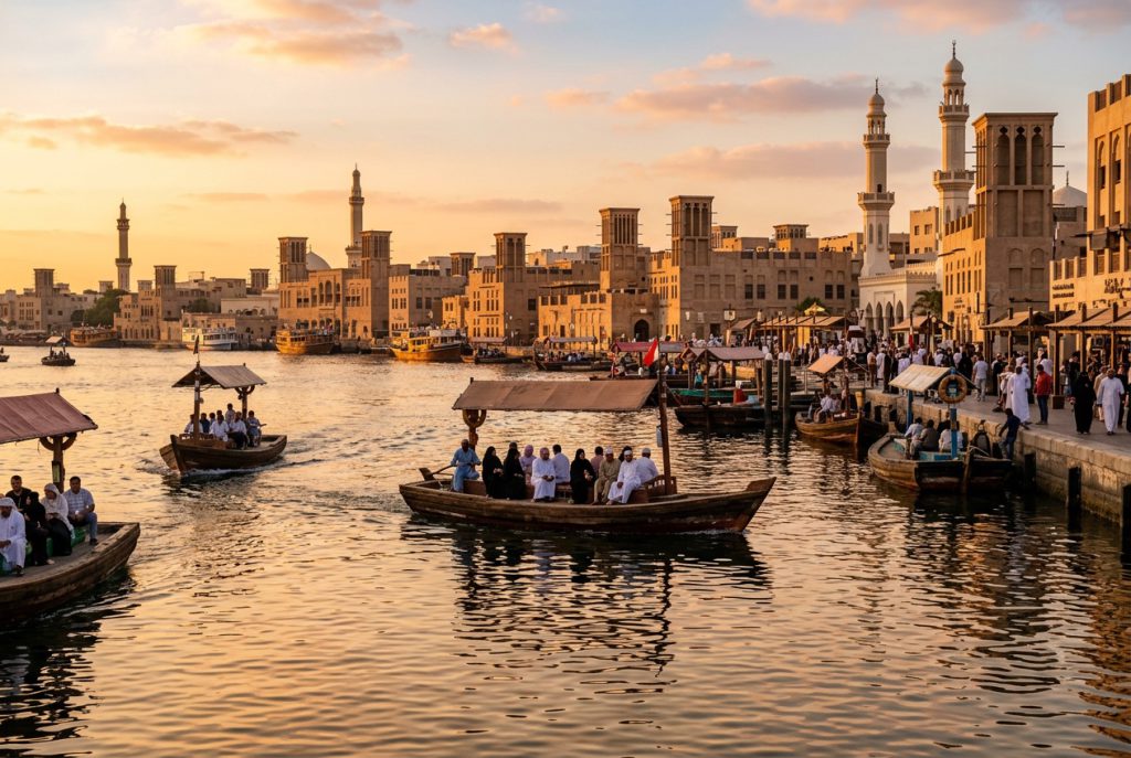 Traditional abra boats on Dubai Creek at golden hour