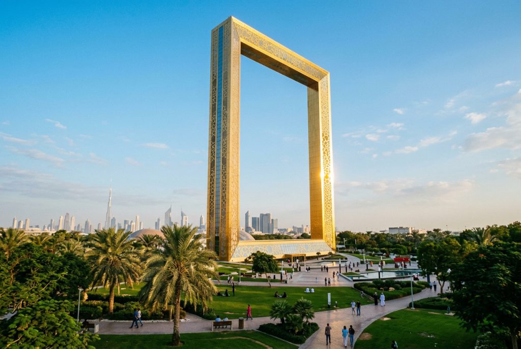 Golden Dubai Frame landmark in Zabeel Park