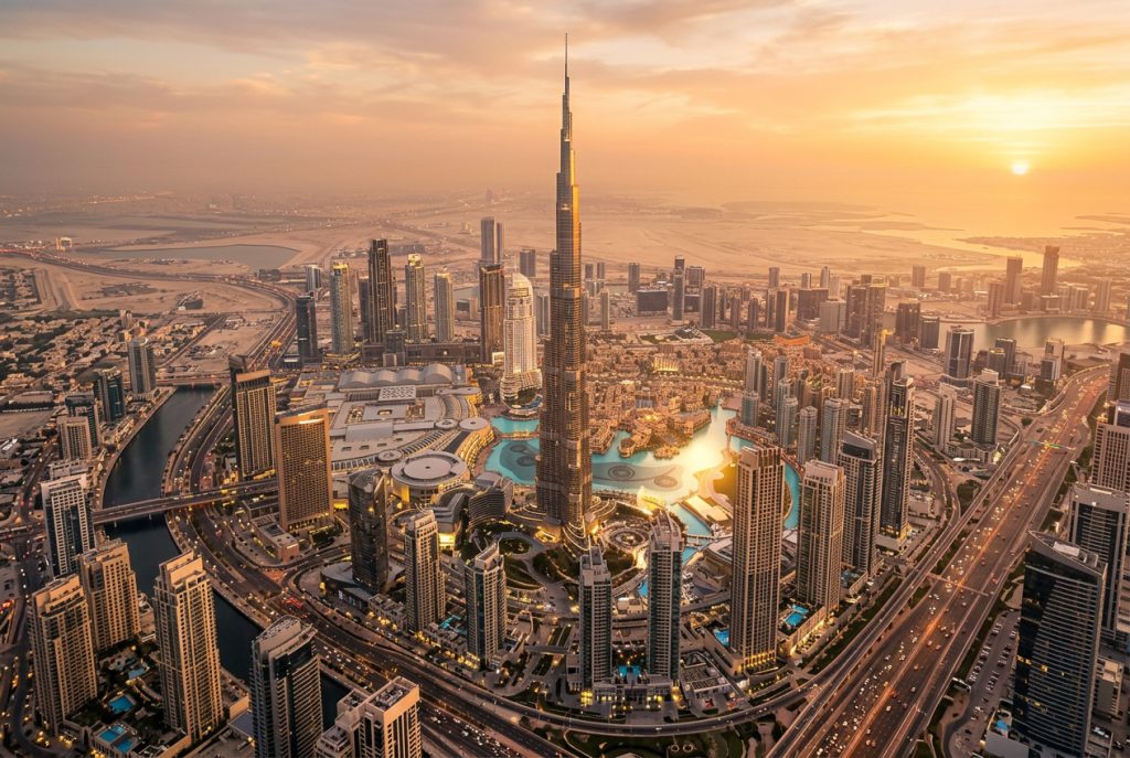 Downtown Dubai skyline with Burj Khalifa at golden hour