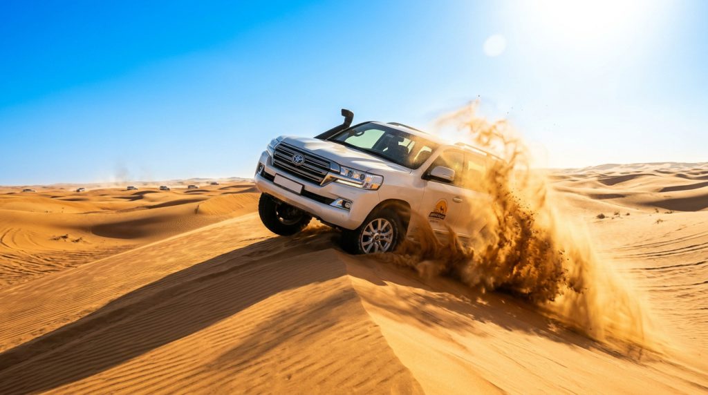 White 4x4 Land Cruiser dune bashing on red desert sand