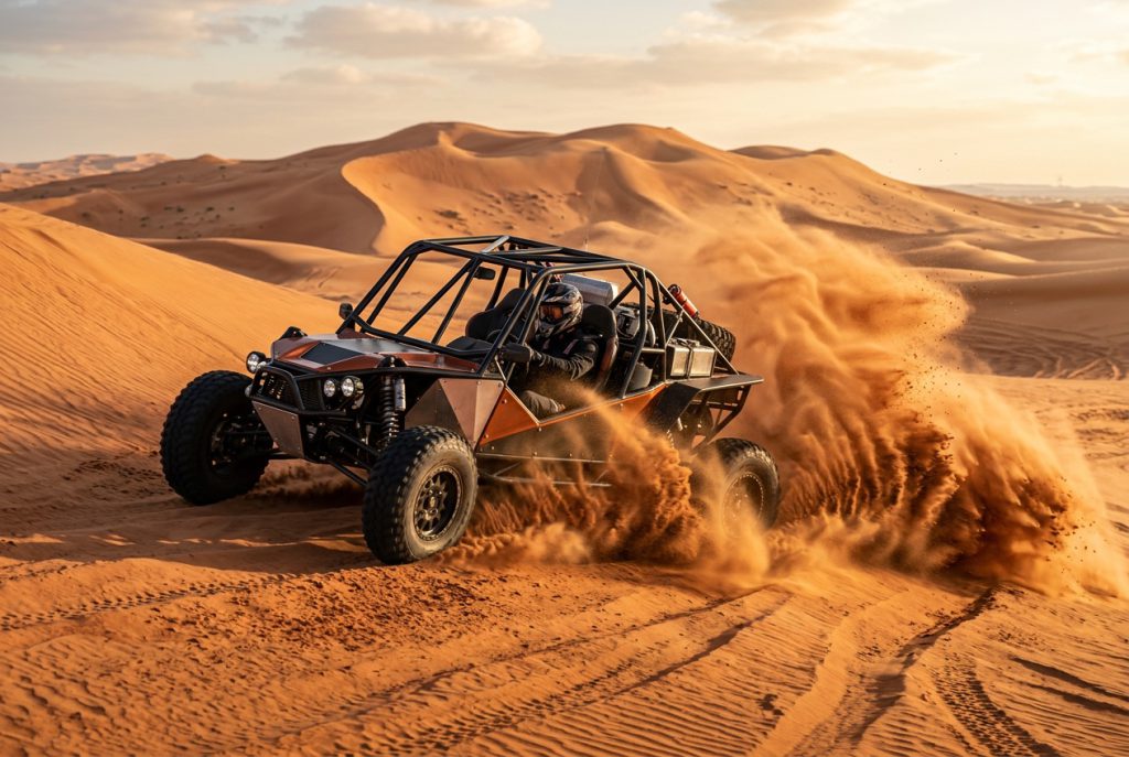 Dune buggy driving across red sand dunes