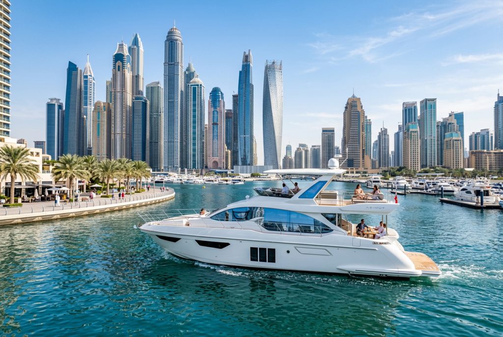 Luxury white yacht cruising Dubai Marina