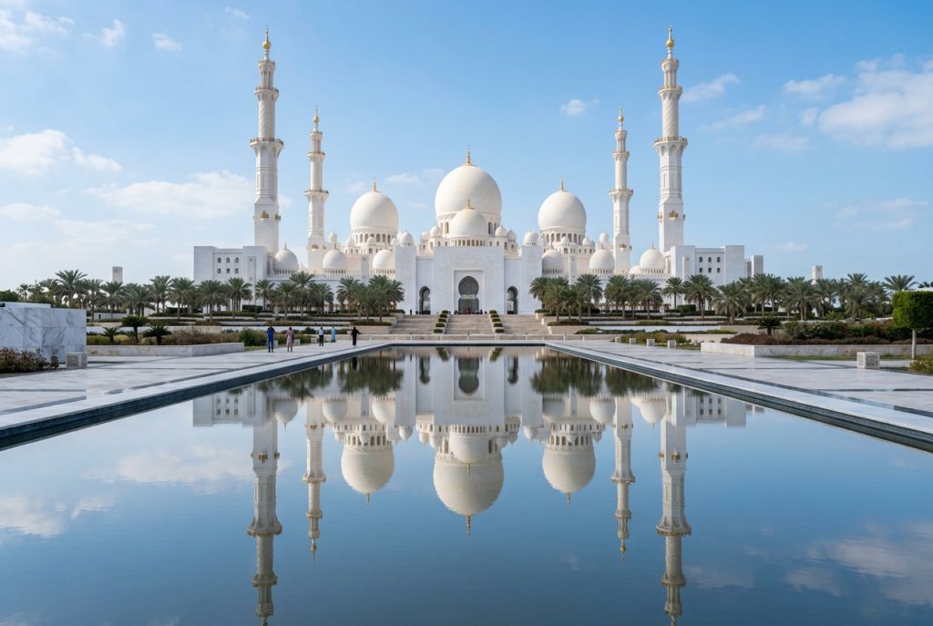 White marble domes of Sheikh Zayed Grand Mosque in Abu Dhabi