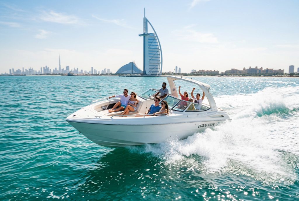 Speedboat crossing turquoise water near the Burj Al Arab